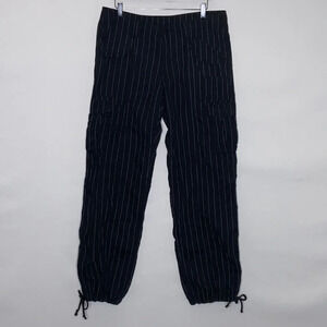 Norma Kamali 100% Cotton Black Pinstripe Cargo Pants with Drawstring Legs - 10